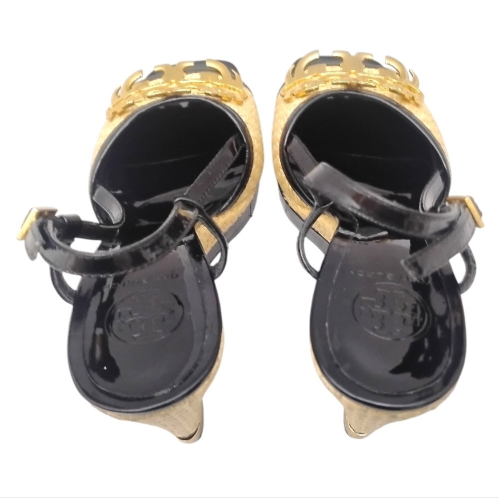 TORY BURCH | Patent Leather Espadrille Wedge Sandals | Black Tan | US 9 - Picture 4 of 9